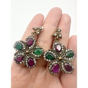 925 Sterling Silver Turkish Ruby Emerald Flower Earrings
